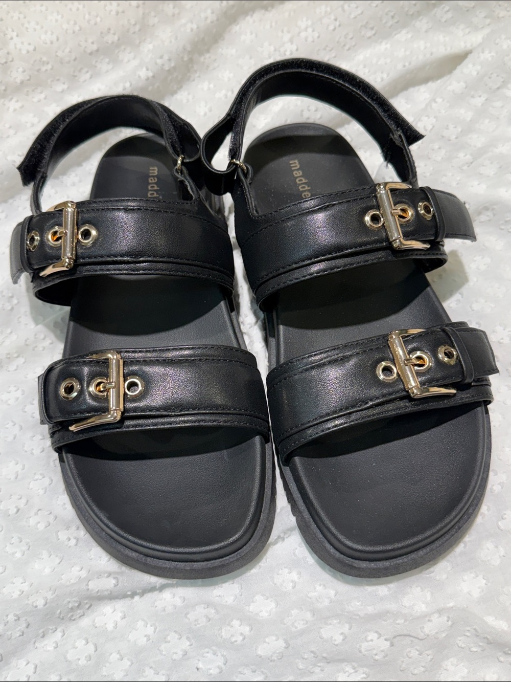 Madden Girl Black Strappy Sandals with Gold Buckles